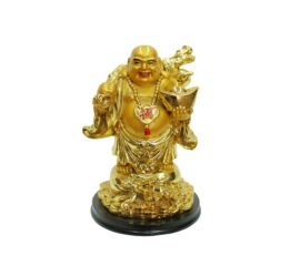 Vastu Art Vastu / Feng Shui / Laughing Buddha With Money Ingot For Health , Wealth And Good Luck Decorative Showpiece - 11 cm (Polyresin, Gold)